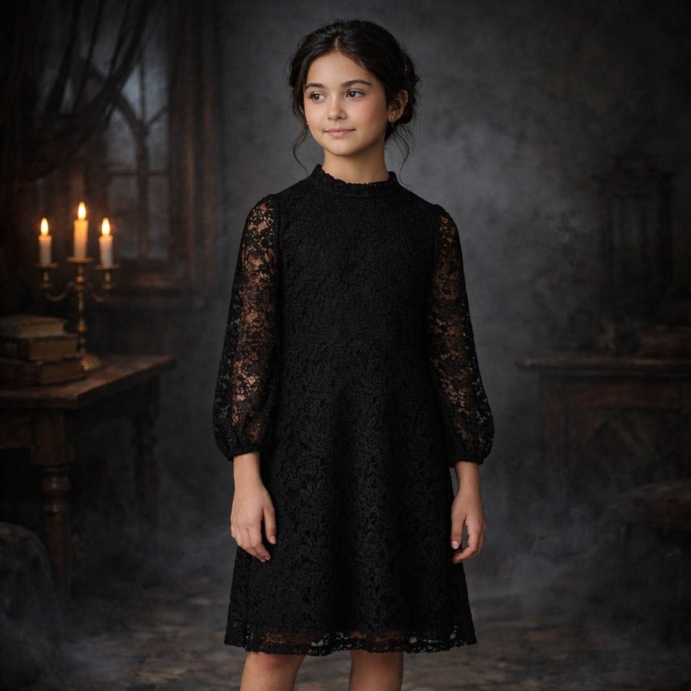 Black Lace Dress Size 10Y Grace Karin Girls Gothic Victorian High Neck Moody